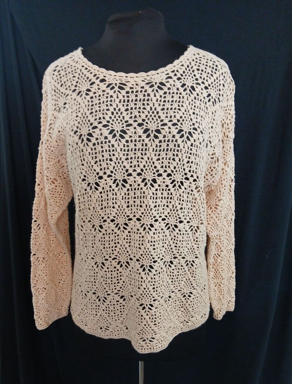 Crochet Open Knit Top Pullover Beachy Coastal Long Sleeve